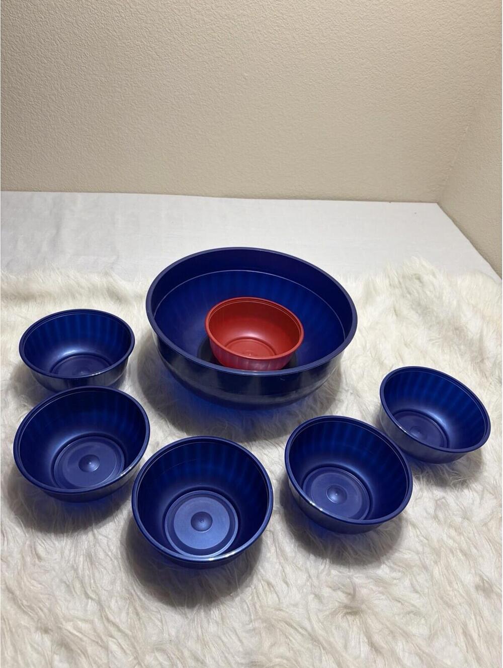 Set of Large Blue Salad Bowl with 6 Small Bowls